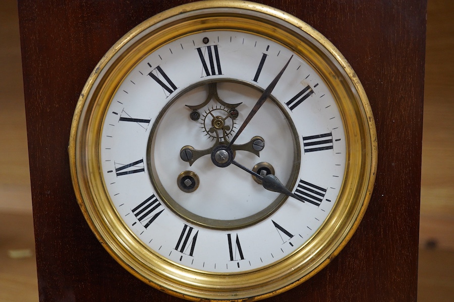 A mahogany mantel clock, with enamel dial visible Brocot escapement, 33cm high. Condition - fair, untested